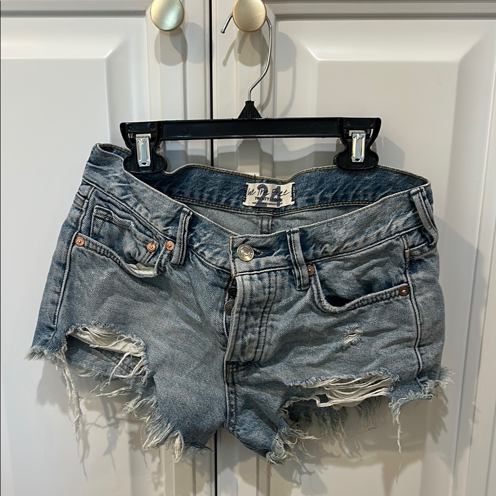 Free People Blue Distressed Jean Shorts Raw Hem